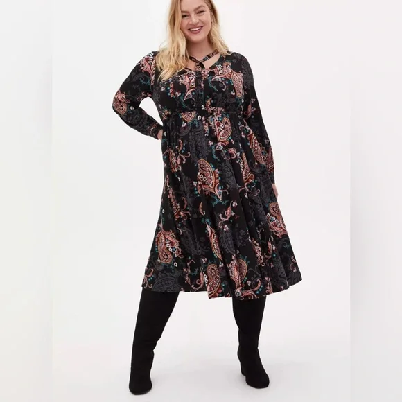 Torrid Midi Challis long sleeve Skater Dress - Picture 1 of 11
